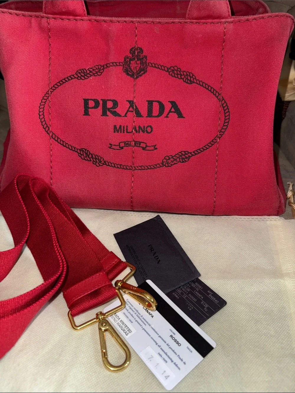 Prada Canapa Pink-Red Canvas Tote with Gold Hardware - Picture 14 of 16